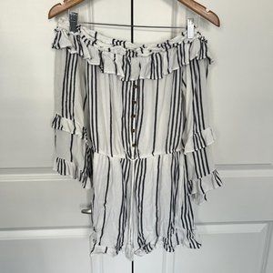 American Eagle Romper striped off shoulder ruffles cinched waist 3/4 sleeves